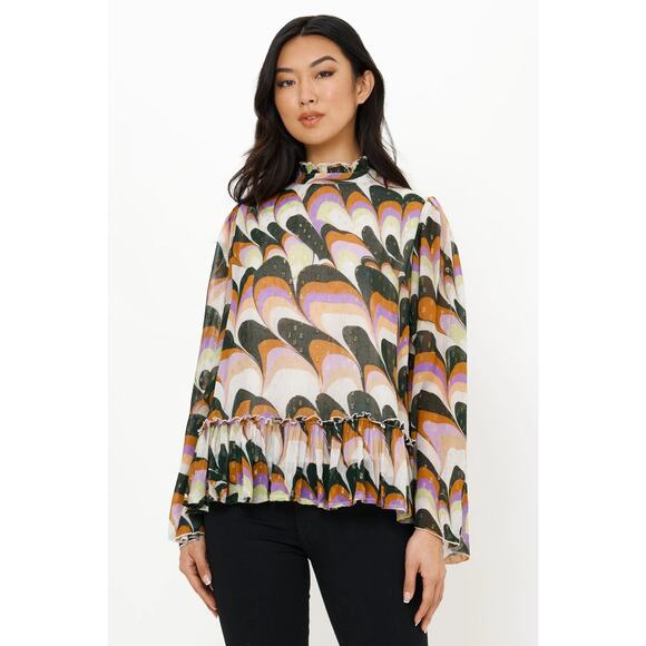 NWT Oliphant Venice Lime Peplum Blouse $268 Gold Dot Purple Brown Ruffle Neck XS